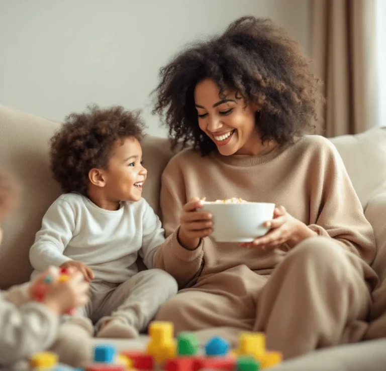 Eine Mutter sitzt auf dem Sofa und lächelt ihrem Kind zu, während sie eine Schüssel hält.