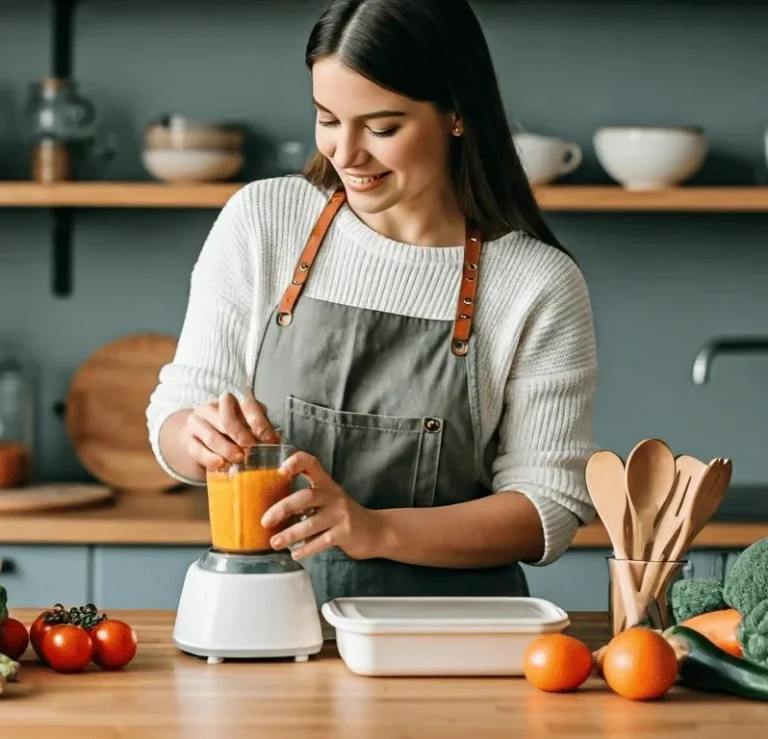 Frau bereitet mit einem Mixer eine Orange-Mischung in einer modernen Küche zu.
