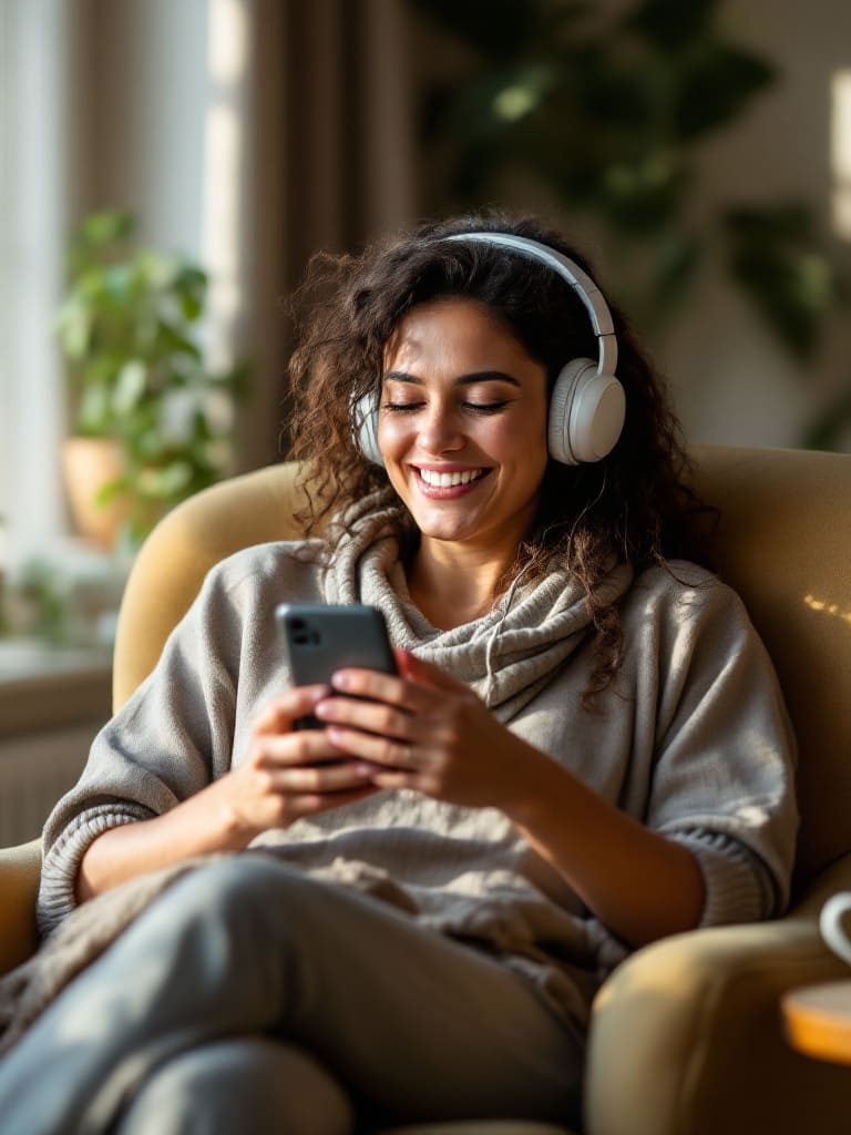 Junge Frau mit Kopfhörern sitzt entspannt auf einem Sessel und schaut auf ihr Smartphone.