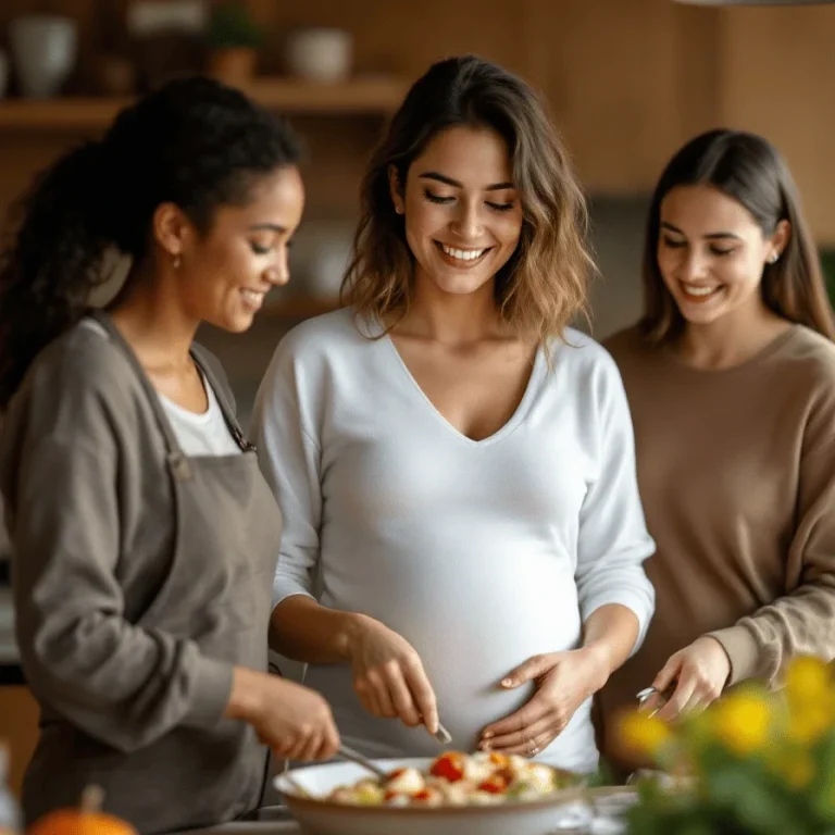 Drei Frauen kochen gemeinsam in einer gemütlichen Küche, eine davon ist schwanger.