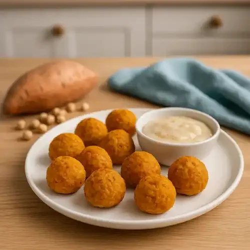 Süßkartoffel-Kichererbsen-Bällchen Süßkartoffelbällchen auf einem Teller, serviert mit einer cremigen Sauce.