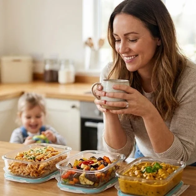 Eine lächelnde Frau hält eine Tasse, während ein Kind im Hintergrund spielt. Vor ihnen stehen drei Gerichte.