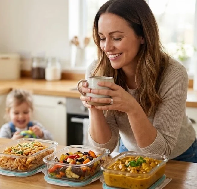 Eine lächelnde Frau hält eine Tasse, während sie Essen in Schalen genießt; ein Kind spielt im Hintergrund.